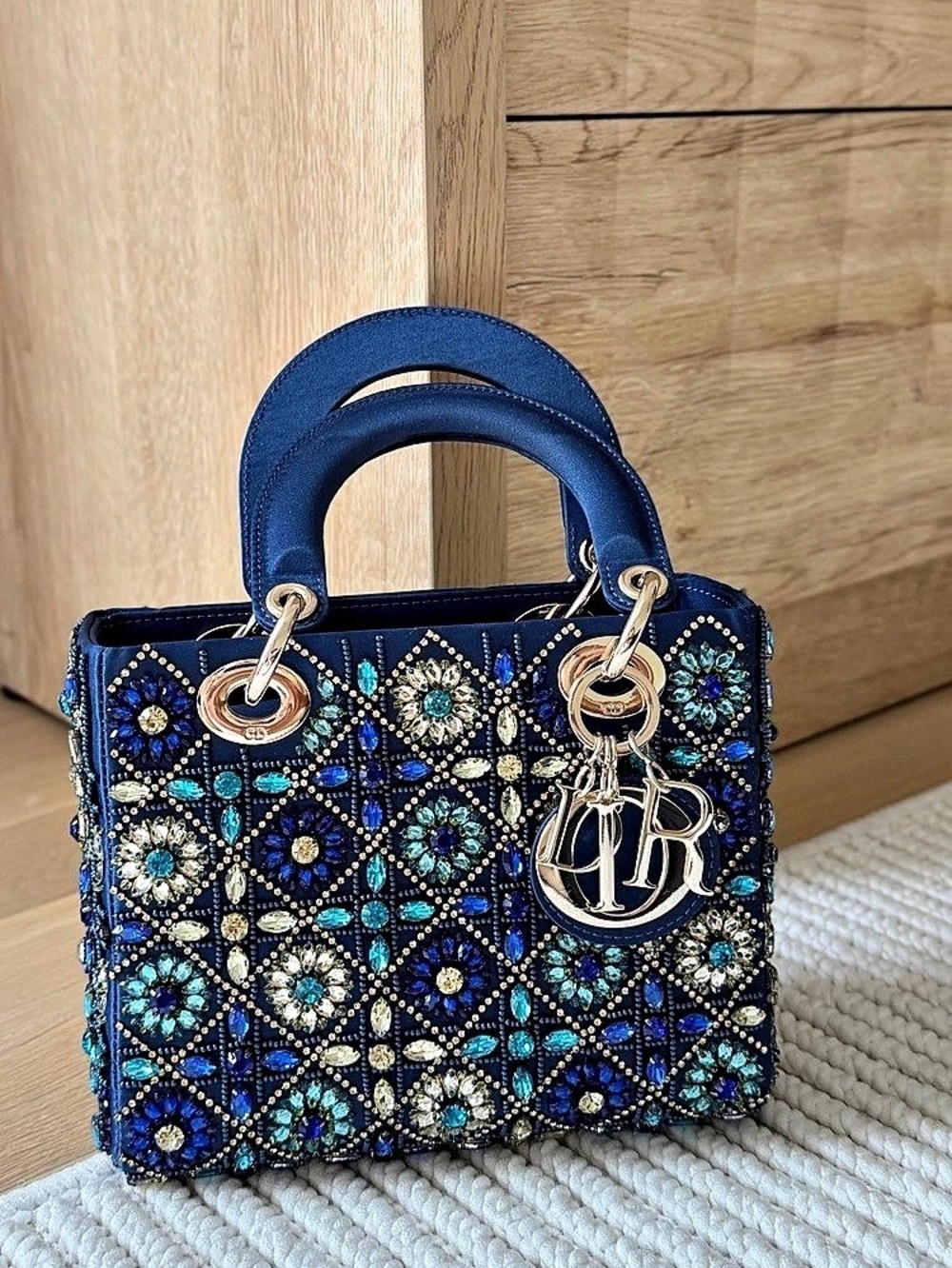 Lady Dior Blue & Multicolor Beaded Satchel Like New